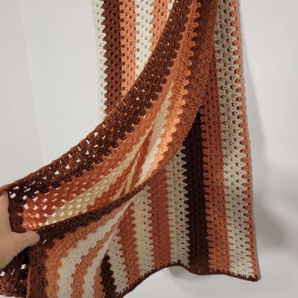 Handmade Crochet Afghan Throw Blanket Multicolored Striped Brown White Orange - Picture 3 of 10
